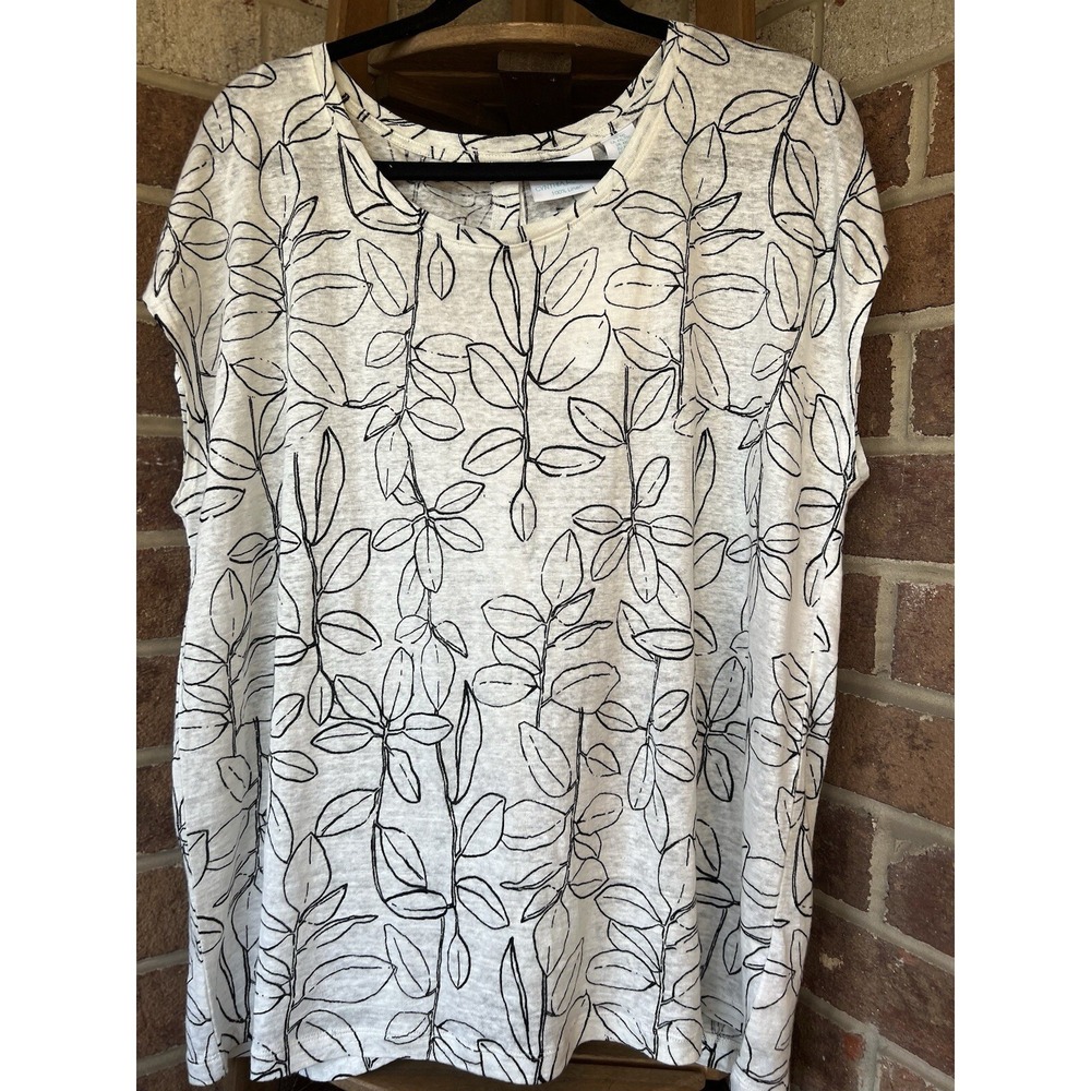 Cynthia Rowley Linen Blouse, Button Down Back, White Printed, Women Top XXL, NWT